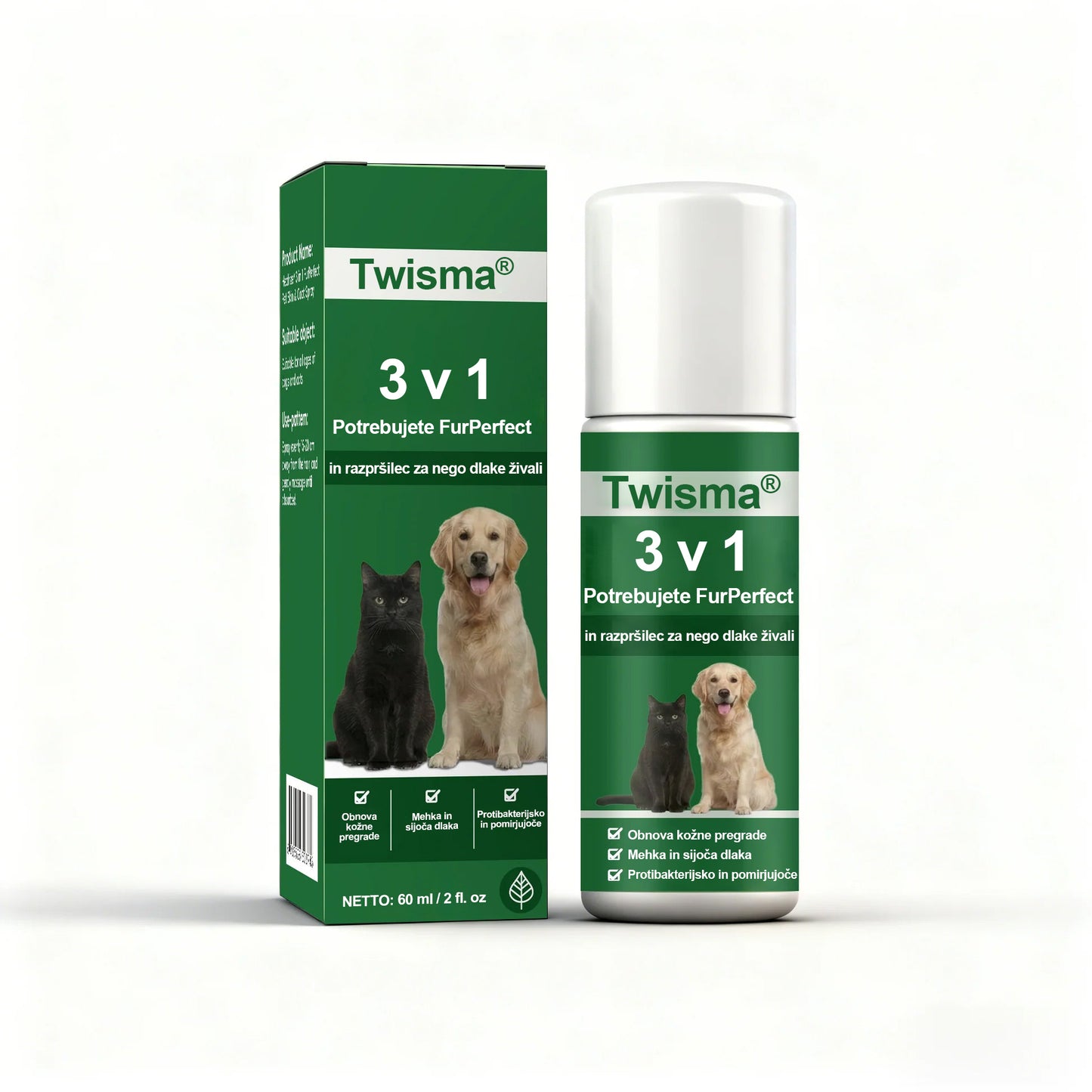 Twisma® 3 v 1 FurPerfect Nege sprej – Popolna nega kože in kožuščka za tvojega ljubljenčka 🐾 Povej zbogom srbenju, rdečici in prekomernemu izpadanju dlake 🐶🐱