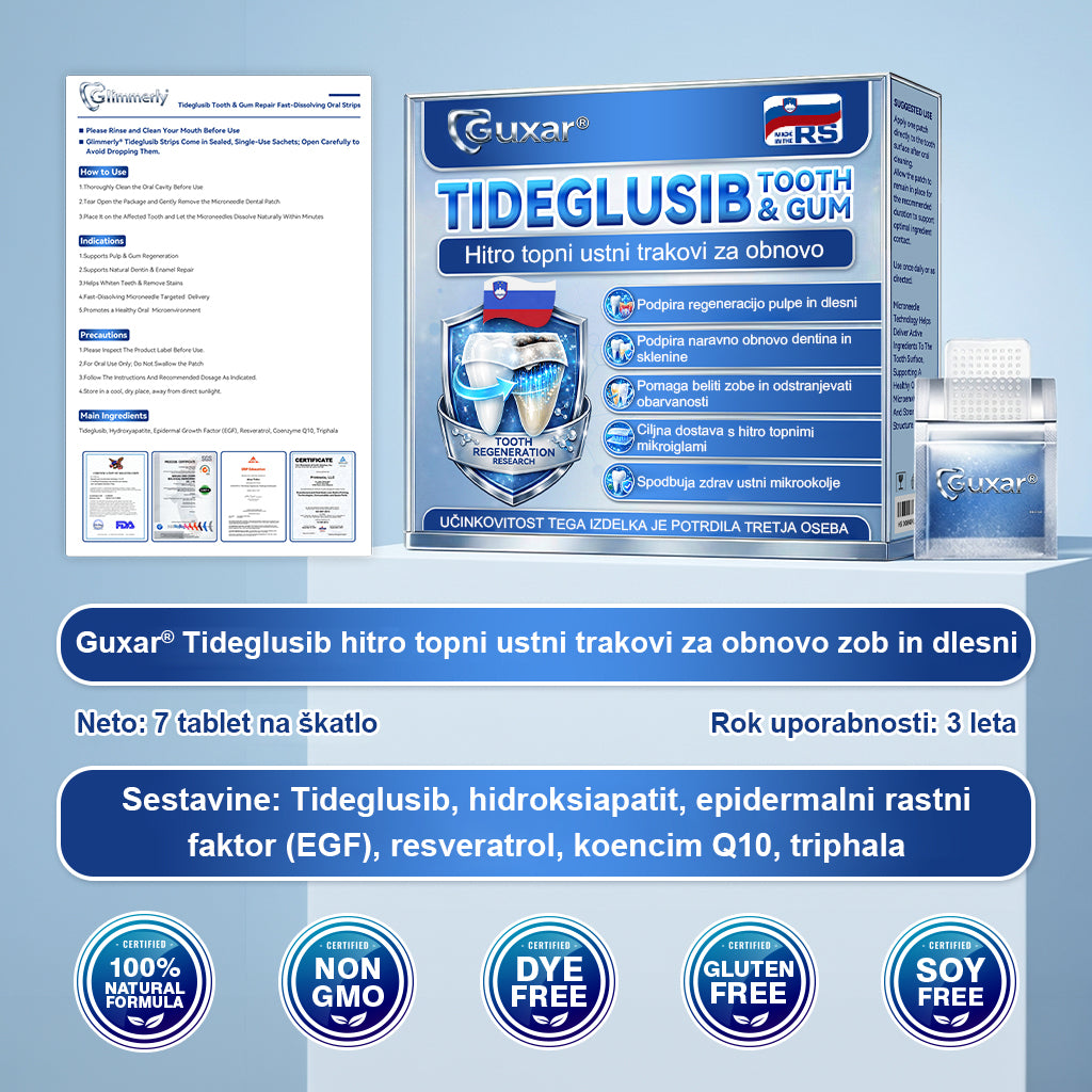 Guxar® Tideglusib Oralni Trakovi 🦷 – Aktivacija matičnih celic🧬, regeneracija dentina💎, krepitev sklenine⚡, beljenje zob✨, zmanjšanje občutljivosti💧, mikronadliki serum za zobe in dlesni💖, nežna vsakodnevna uporaba🌿