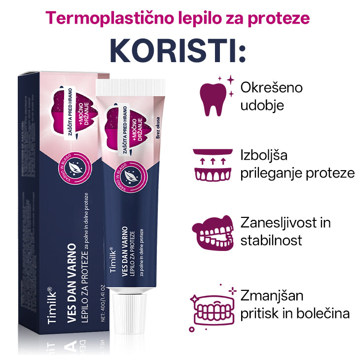 🌟 Timilk® Celodnevno Varno Lepilo za Proteze – Zanesljivost, Udobje in Svoboda za Tvoj Nasmeh 💎☀️