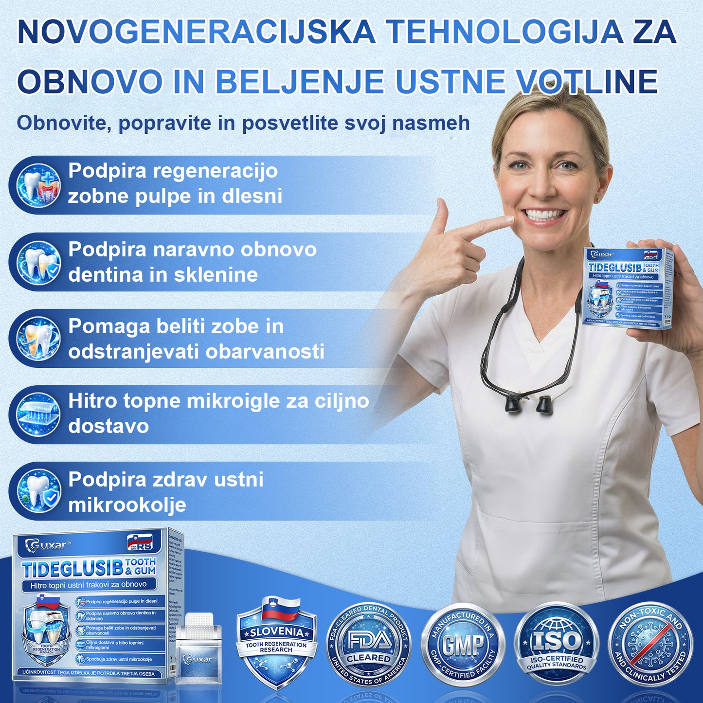 Guxar® Tideglusib Oralni Trakovi 🦷 – Aktivacija matičnih celic🧬, regeneracija dentina💎, krepitev sklenine⚡, beljenje zob✨, zmanjšanje občutljivosti💧, mikronadliki serum za zobe in dlesni💖, nežna vsakodnevna uporaba🌿