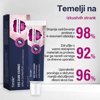 🌟 Timilk® Celodnevno Varno Lepilo za Proteze – Zanesljivost, Udobje in Svoboda za Tvoj Nasmeh 💎☀️