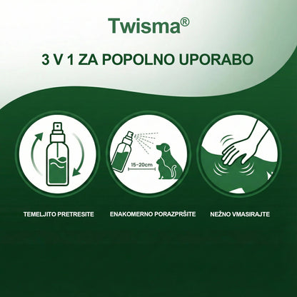 Twisma® 3 v 1 FurPerfect Nege sprej – Popolna nega kože in kožuščka za tvojega ljubljenčka 🐾 Povej zbogom srbenju, rdečici in prekomernemu izpadanju dlake 🐶🐱