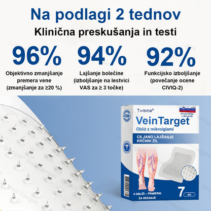 ✨ Twisma® VeinTarget: Napreden transdermalni sistem za zdravljenje kronične venske insuficience 🌿  Prvi EU-certificiran 🇪🇺 in GMP-certificiran ⚕️ alpski zeliščni mikroigelni obliž. Klinično dokazana 96-odstotna uspešnost 📊 Vidni rezultati v 7–14 dneh 🔥🔥