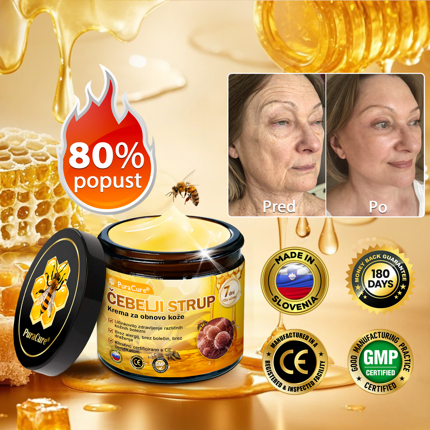 PuraCure® krema za obnovo kože s čebeljim strupom 🐝 | Naravno zdravljenje ekcema, luskavice, dermatitisa in draženja kože | Pomirjujoča in regenerativna formula  🔥