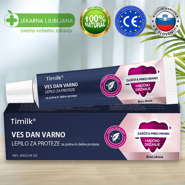 🌟 Timilk® Celodnevno Varno Lepilo za Proteze – Zanesljivost, Udobje in Svoboda za Tvoj Nasmeh 💎☀️