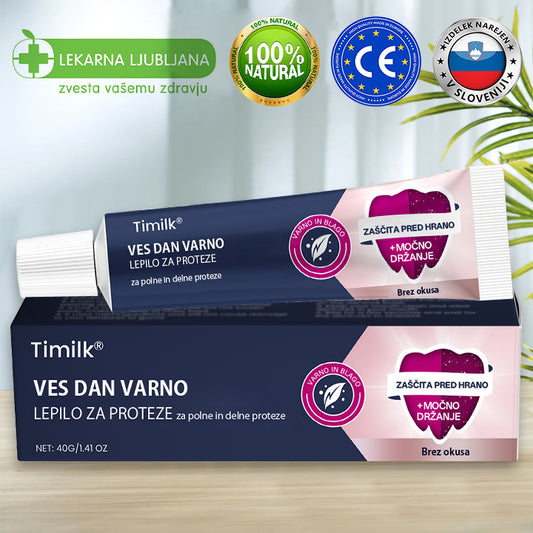 🌟 Timilk® Celodnevno Varno Lepilo za Proteze – Zanesljivost, Udobje in Svoboda za Tvoj Nasmeh 💎☀️